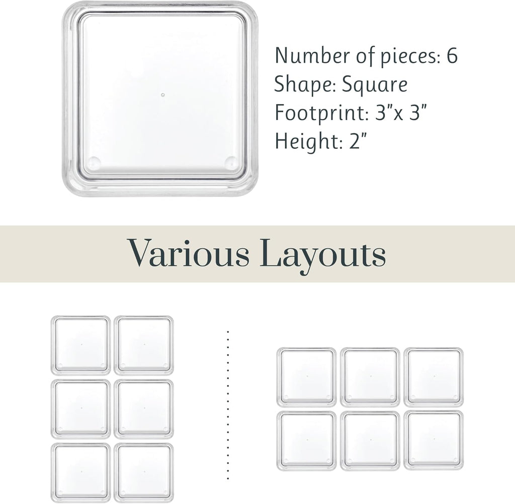 STORi SimpleSort 6-Piece Stackable Clear Drawer Organizer Set | 3" x 3" x 2" Square Trays | Small Makeup Vanity Storage Bins and Office Desk Drawer Dividers | Made in USA