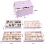 Voova Stackable Jewelry Organizer Tray with Lid, PU Leather Jewelry Storage Holder for Drawer Inserts, Jewellery Display Box Case for Earring Necklace Ring Watch Bracelet (Set of 4, Lavender)