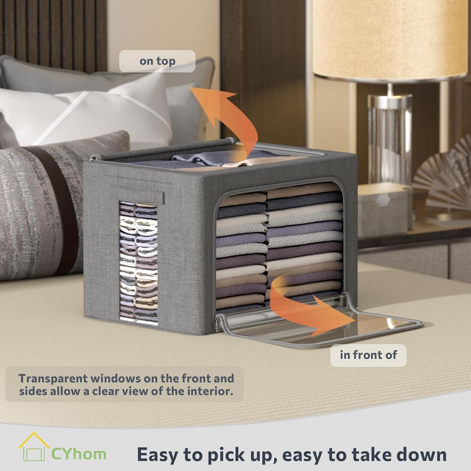 CYhom 3Pack Foldable Storage Bins - Frame Storage Box Linen Fabric Stackable Clothes Container Organizer with Clear Window & Carry Handles Large Capacity (Medium-36L, Dark Gray)