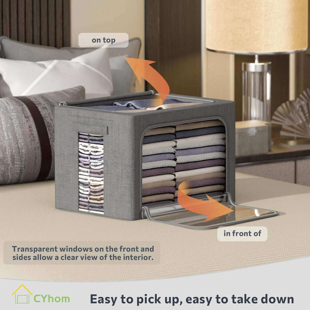 CYhom 3Pack Foldable Storage Bins - Frame Storage Box Linen Fabric Stackable Clothes Container Organizer with Clear Window & Carry Handles Large Capacity (Extra Large-100L, Dark Gray)
