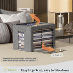 CYhom 3Pack Foldable Storage Bins - Frame Storage Box Linen Fabric Stackable Clothes Container Organizer with Clear Window & Carry Handles Large Capacity (Large-66L, Dark Gray)