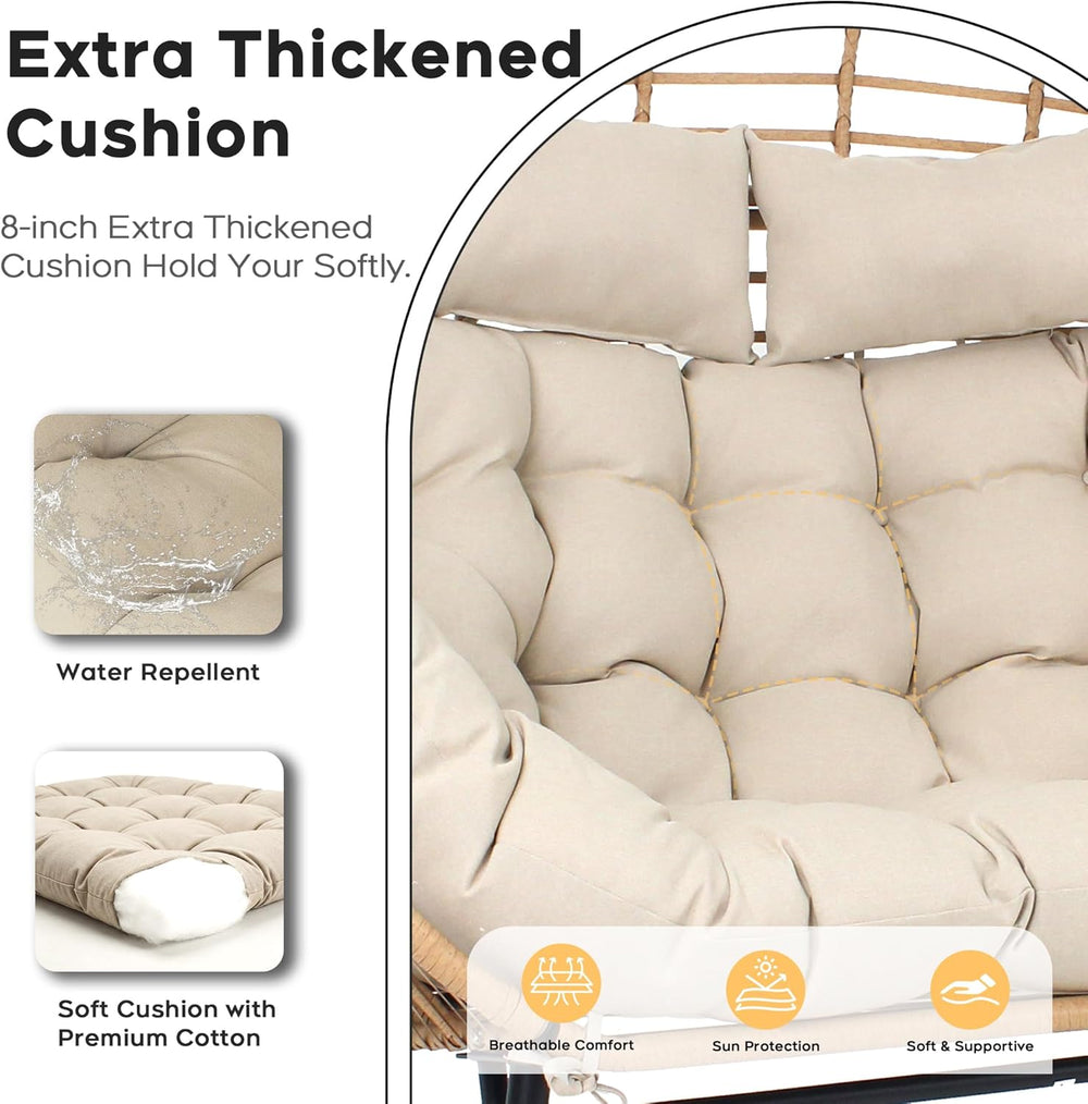 Double Wicker Egg Chair Outdoor Indoor - 2-Person Oversized Loveseat with 8&q...