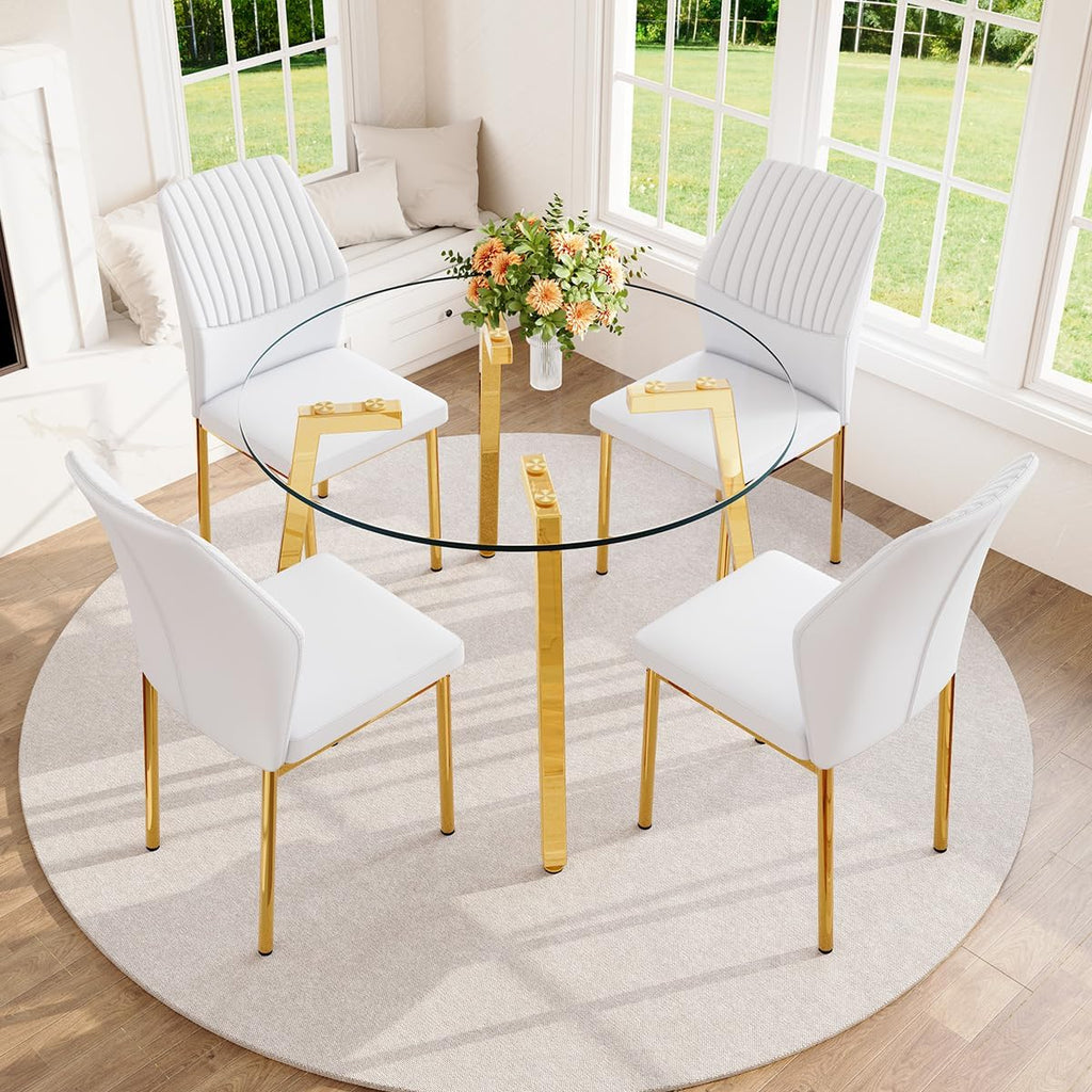 42" Round Glass Dining Table Set for 4,Modern Breakfast Table Set for 4 with Luxury Gold Chrome Legs,Space Saving Kitchen Table and White Gold Chairs for Apartment,Easy Assembly