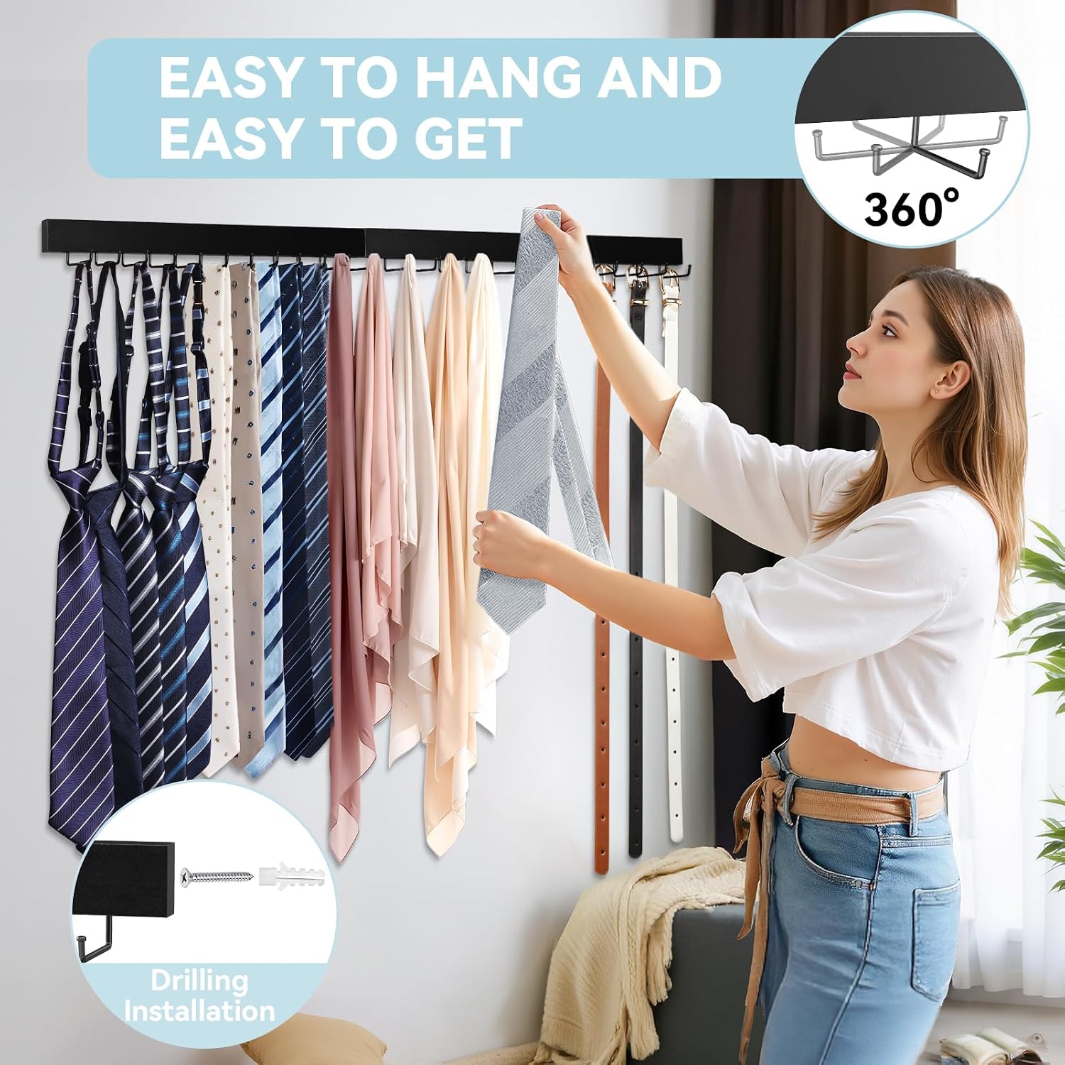 Tie Rack Wall Mount, Adhesive Wooden Closet Tie Hanger with 24 Metal Hooks, Large Capacity, 2 Installation Options, Black, 2 Pcs