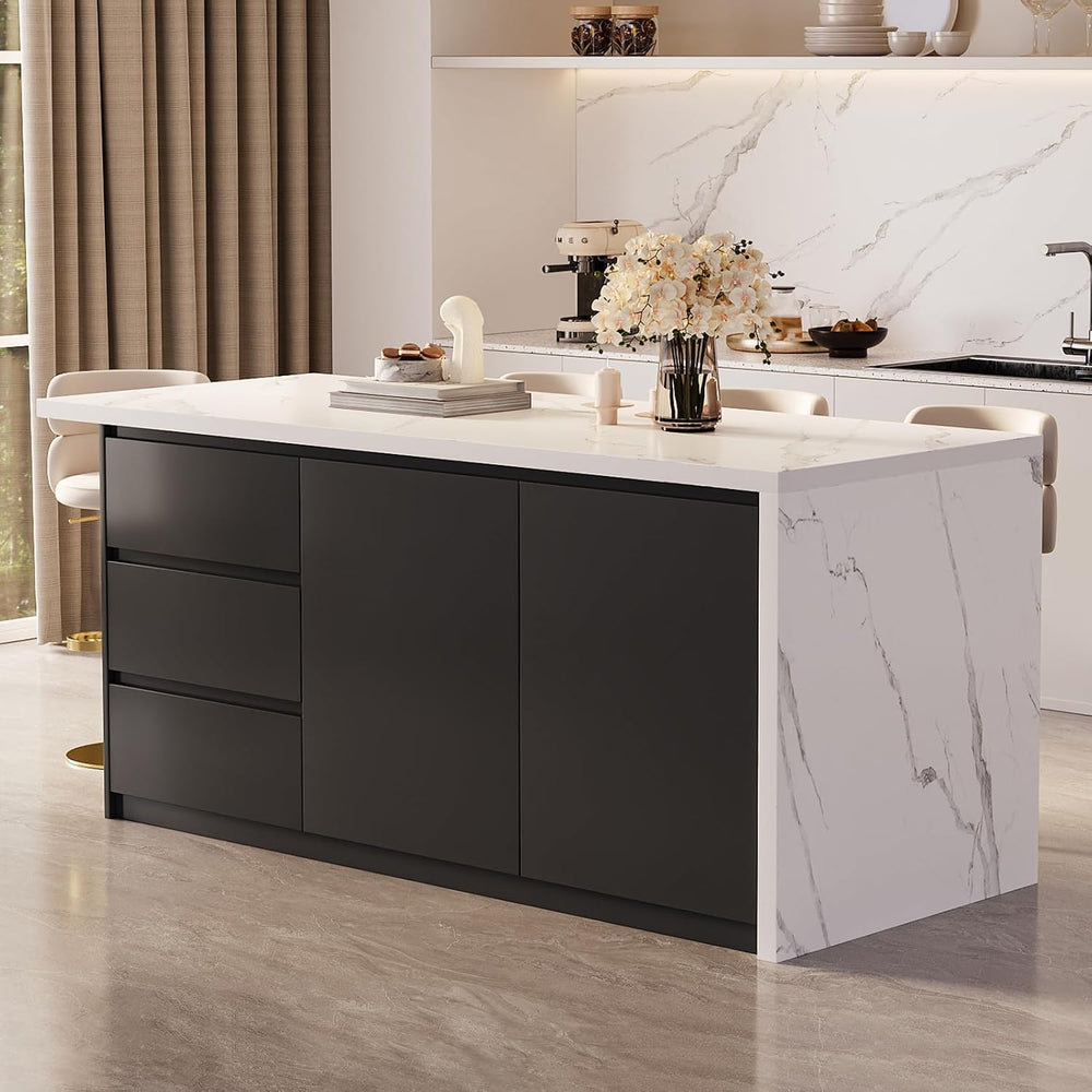 homary Kitchen Island with Storage & Wine Rack, 72" Modern Black Kit...