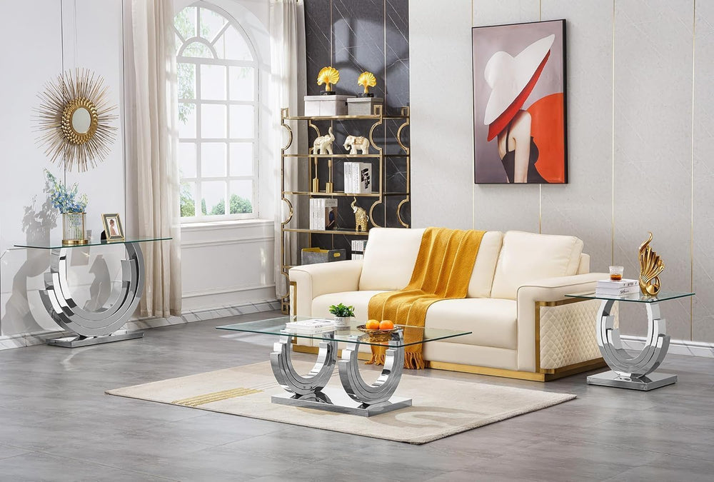 3 Piece Living Room Table Set, Rectangle Tempered Glass Coffee Table, End Tab...