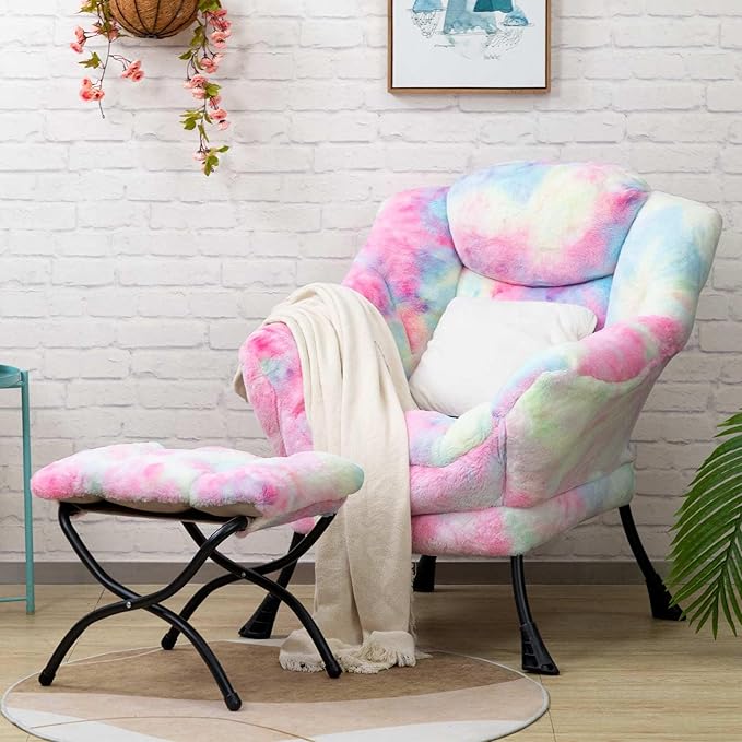 HollyHOME Faux-Fur Lazy Chair with Foldable Ottoman, Accent Comfy Lounge Arm Chair and Folding Footrest Stool Set, Leisure Sofa Reading Chair and Footstool for Living Room, Bedroom, Dorm, Colorful