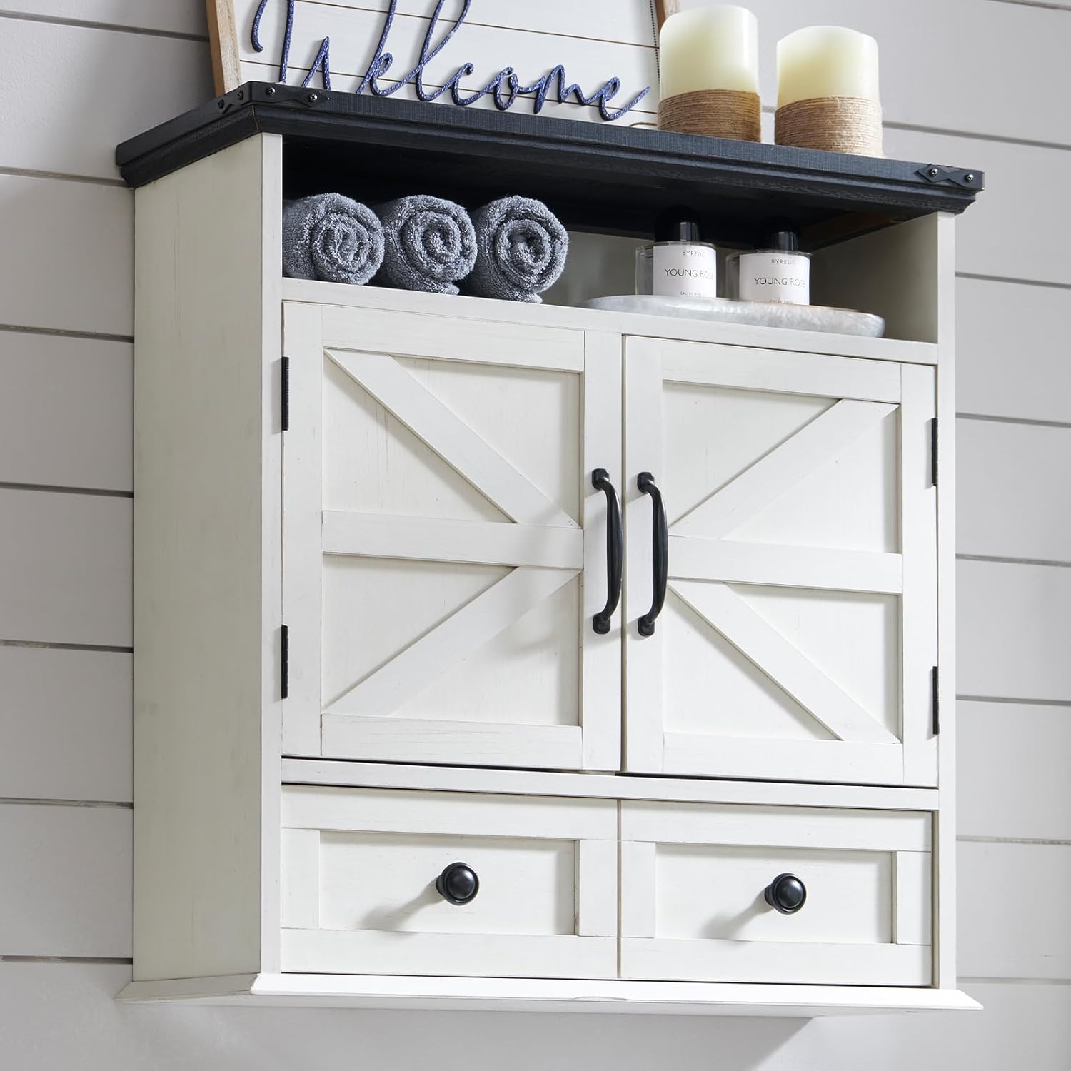ACCOHOHO Bathroom Wall Cabinet, Farmhouse 24" Wide Medicine Cabinet with Drawer, Adjustable Shelf, Double Barn Doors, Storage Cabinets for Bathroom, Kitchen, Living Room, Off White