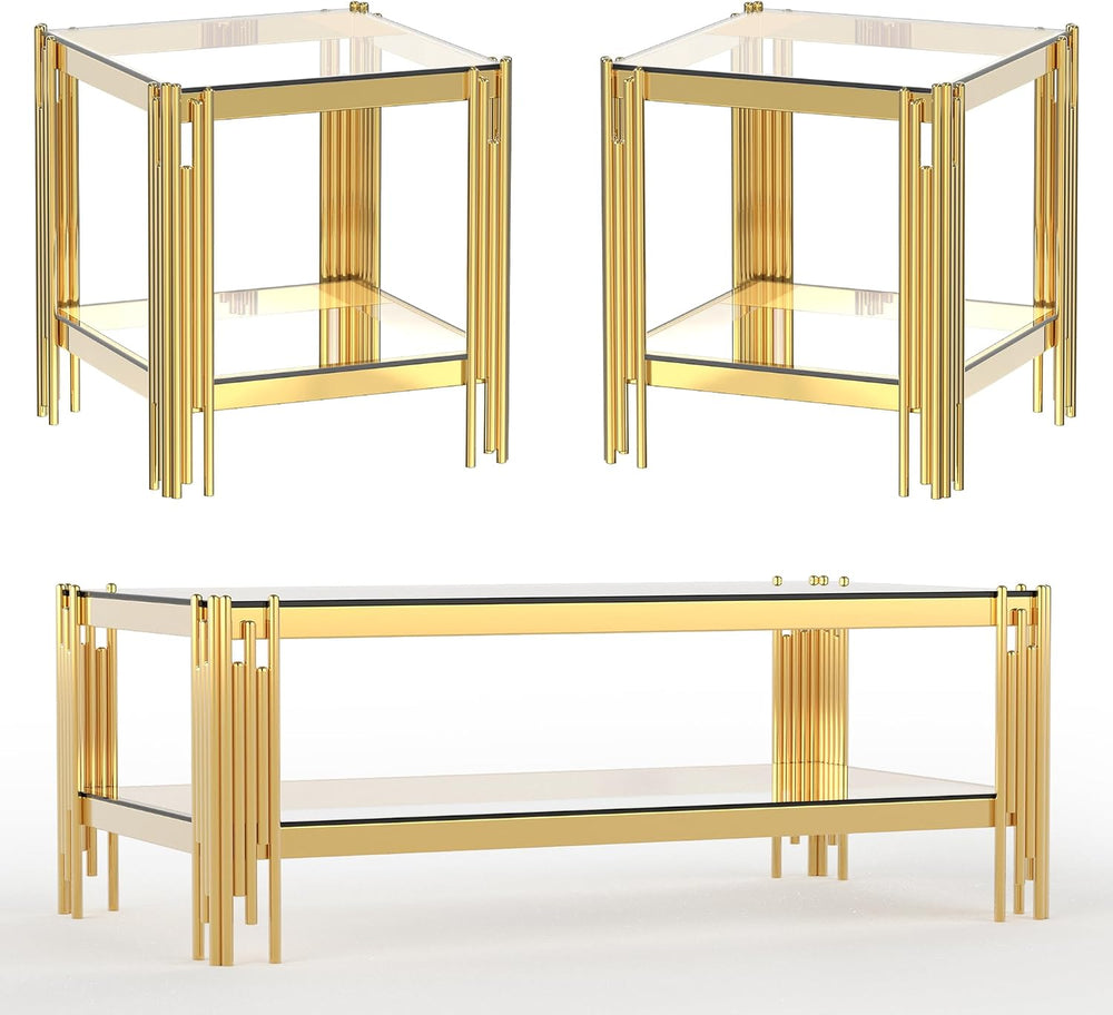 3 Piece Glass Coffee Table Set with 1 Coffee Table and 2 End Tables, Modern 2...
