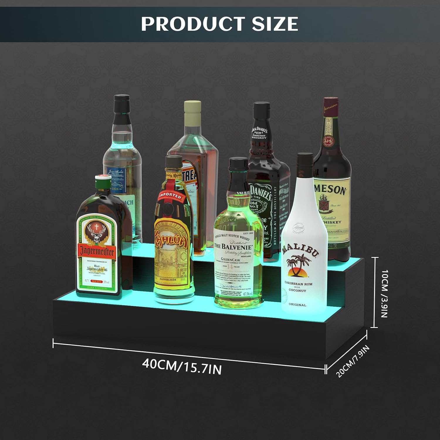 upcessory LED Lighted Liquor Bottle Display Shelf 2 Tier 16 Inch | Alcohol Whiskey Wood Rack Stand Tray for Home Bar Living Room Accessories and Decor, Bourbon Shelf for 8 Bottles