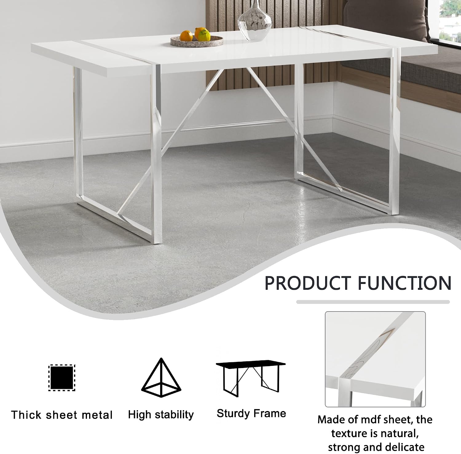 Dining Table Set for 6, White Rectangular MDF Kitchen Table Set with Leather Dining Chairs Set of 4, 55" Dinner Table Set for Kitchen, Dining Room