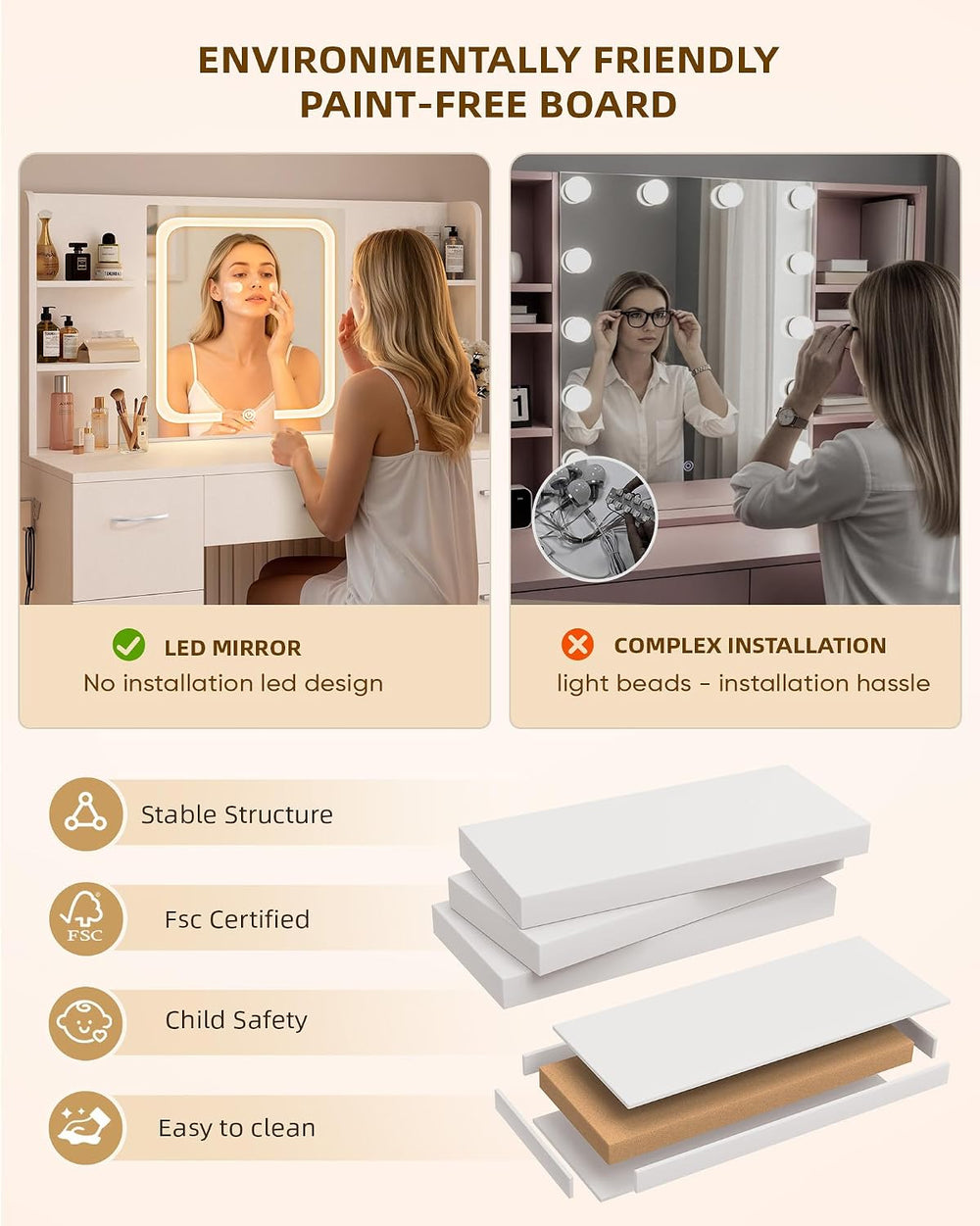 LIVELYGLOW 43" Large White Makeup Vanity Desk with Charging Station | Sm...