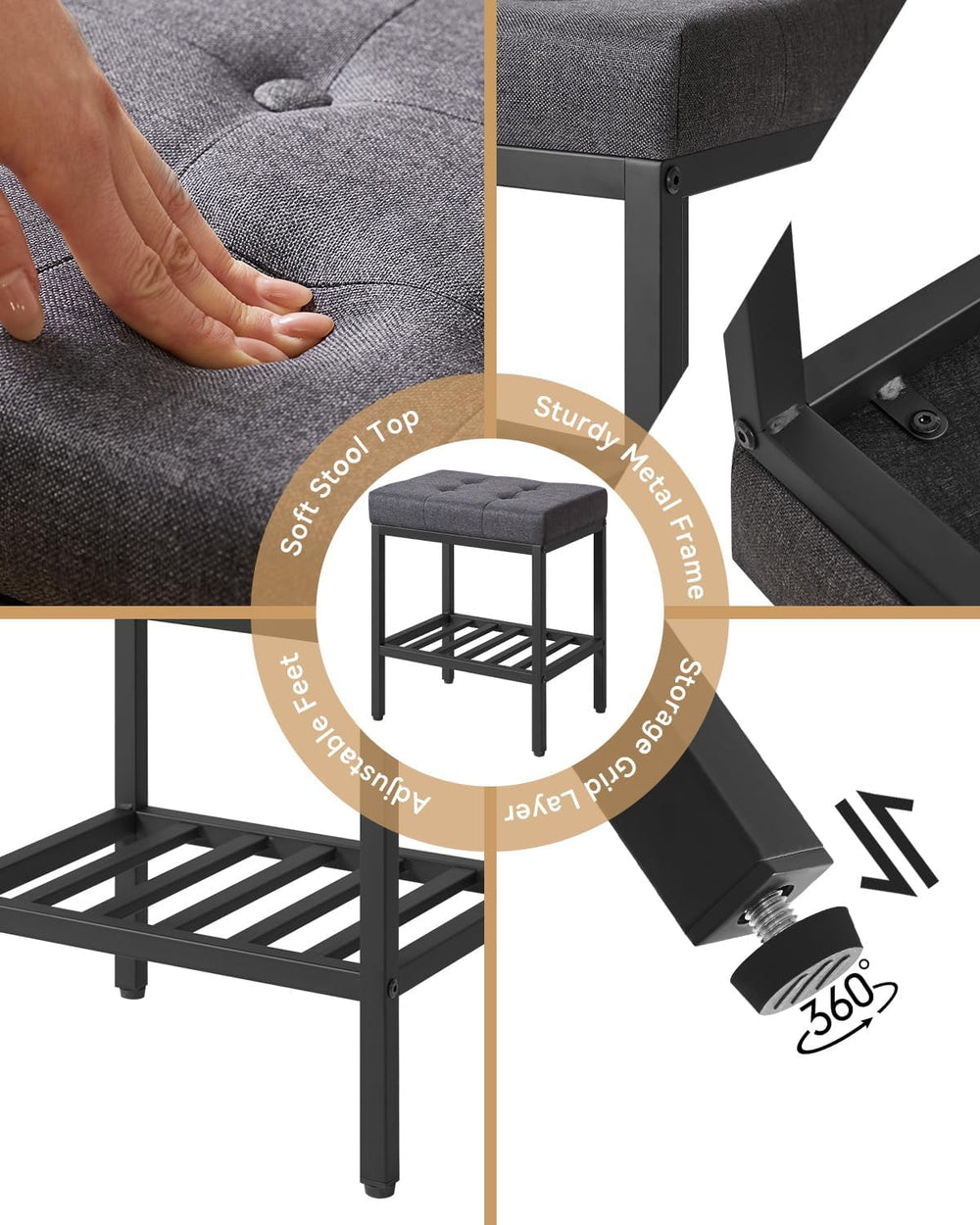 IBUYKE Rectangular Makeup Stool, Linen Seat Vanity Chair, Dark Gray WBD017G |...