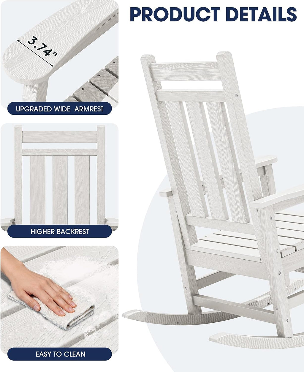KINGYES Oversized Outdoor Rocking Chair Set of 2, All-Weather Patio Rocking Chairs for Porch, HDPE Outdoor Patio Recliner Rockers with High Back & Wide Seat for Garden, Lawn, White