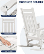 KINGYES Oversized Outdoor Rocking Chair Set of 2, All-Weather Patio Rocking Chairs for Porch, HDPE Outdoor Patio Recliner Rockers with High Back & Wide Seat for Garden, Lawn, White