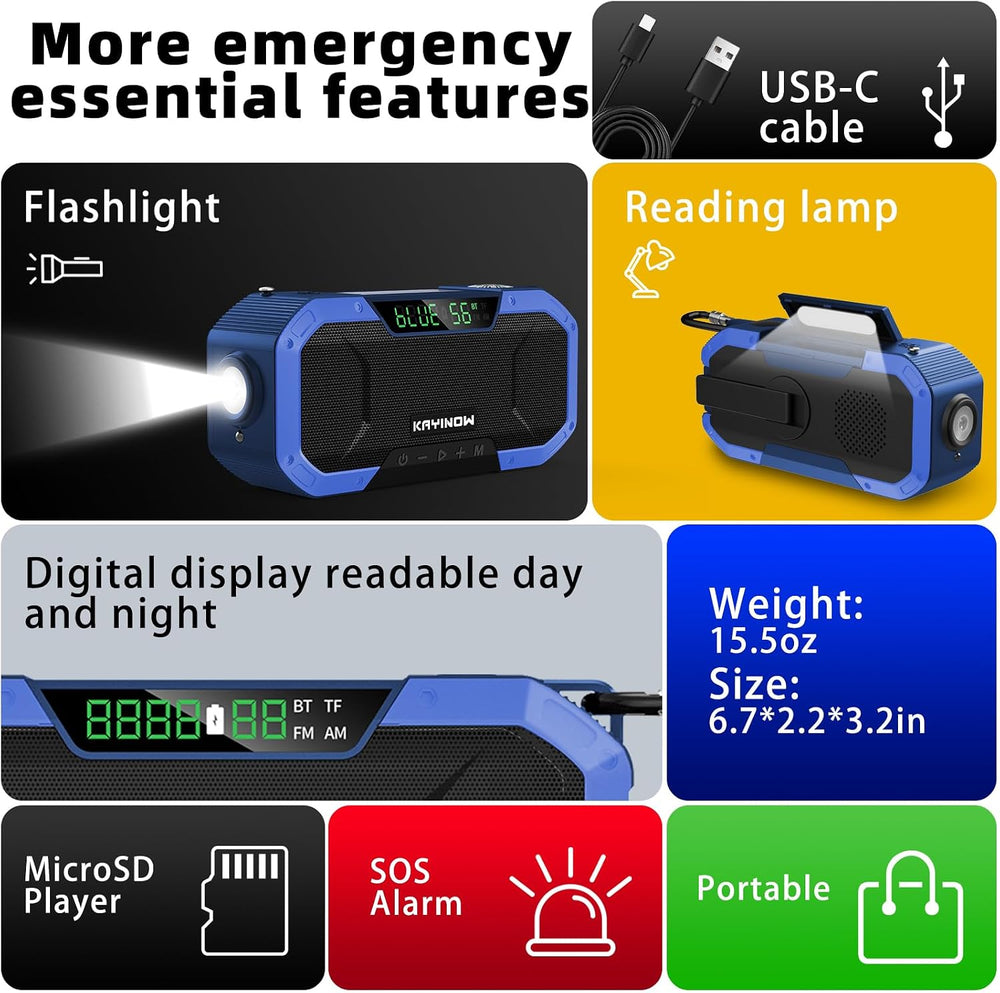 KAYINOW Emergency NOAA Weather Radio, Solar Hand Crank FM AM Radio with Bluet...