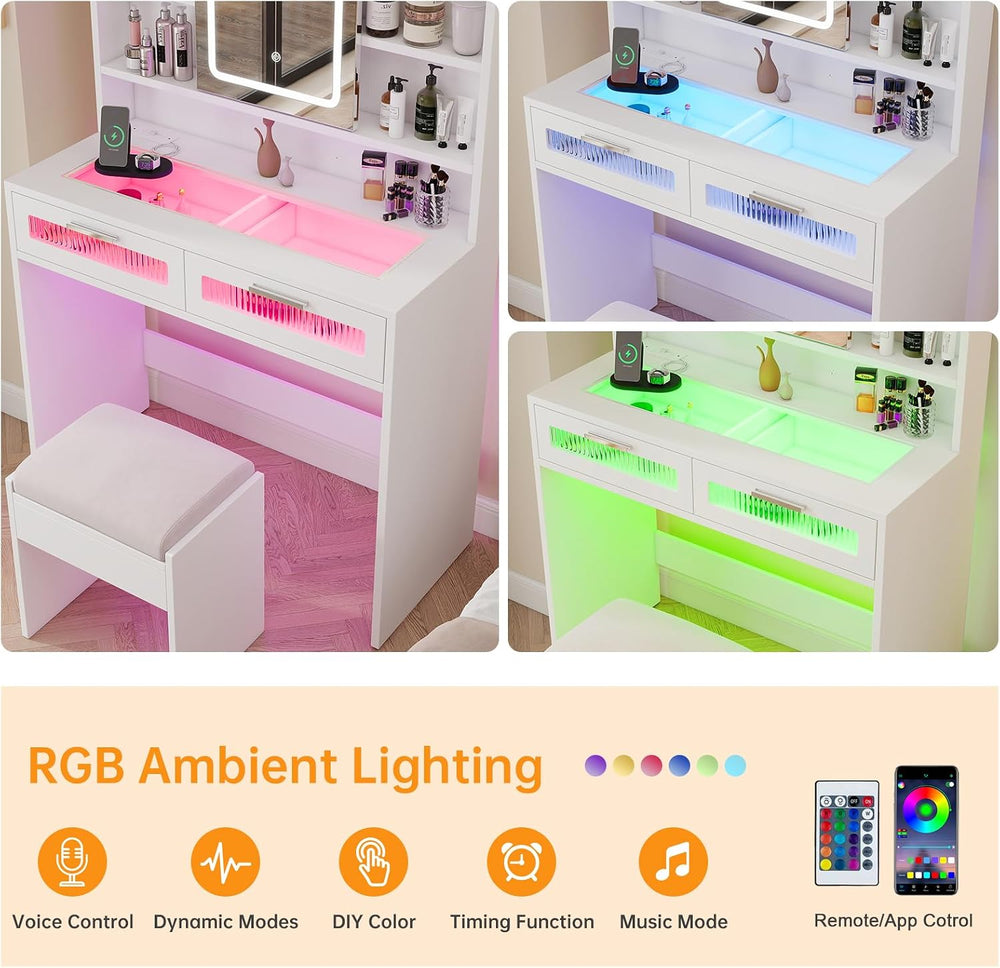 Hadulcet 35.5" Small Vanity Desk with Mirror and Lights, White Make Up V...