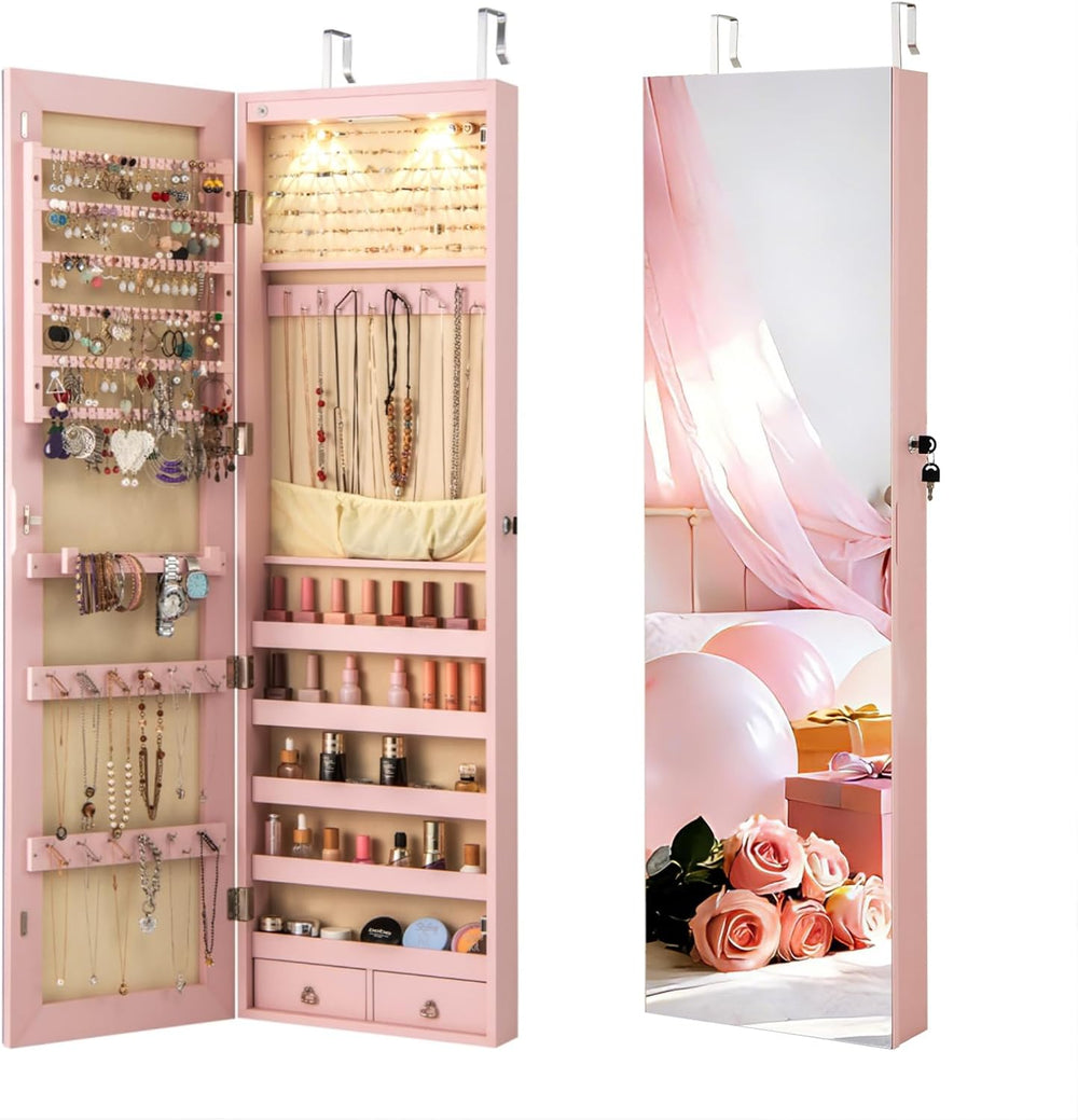 NAFORT 2 LEDs Jewelry Armoire with Full Length Mirror, Lockable Hanging Jewel...