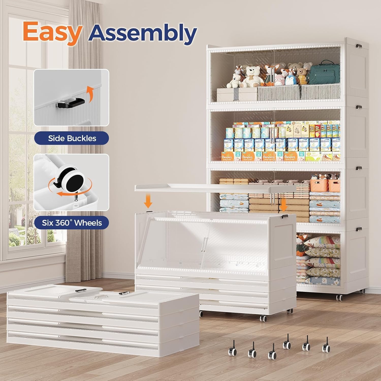 320GAL Extra Large Storage Bins with Lid, 1280QT Collapsible Organizer with Wheels, Stackable Closet Cabinet with Doors, Folding Storage Containers for Home, Office, Kitchen, 4Pack White