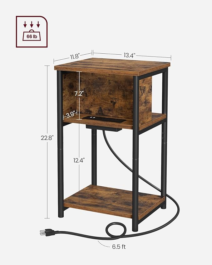 VASAGLE Side Table with Charging Station, 3-Tier End Table with USB Ports and...