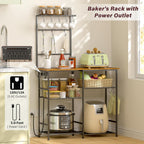 3IngSeagulls Bakers Rack with Power Outlet, Kitchen Microwave Stand with 10 S-shaped Hooks, 6-Tier Coffee Bar Station, Kitchen Storage Shelf Rack for Spices, Pots, Rustic Brown