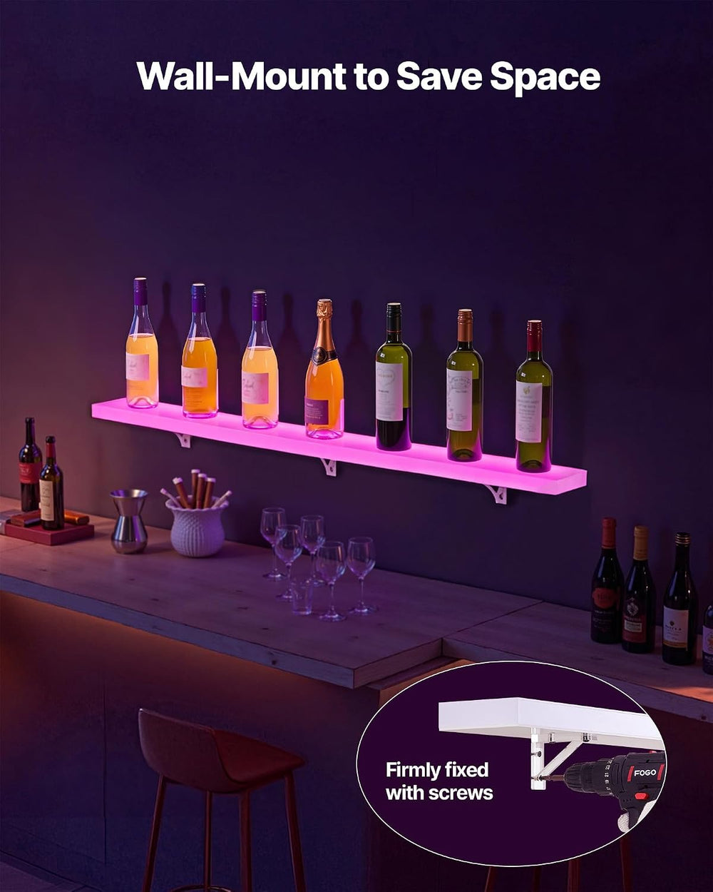 VEVOR LED Lighted Liquor Bottle Display, 1 Tier 48 Inches Whiskey Rack, Suppo...