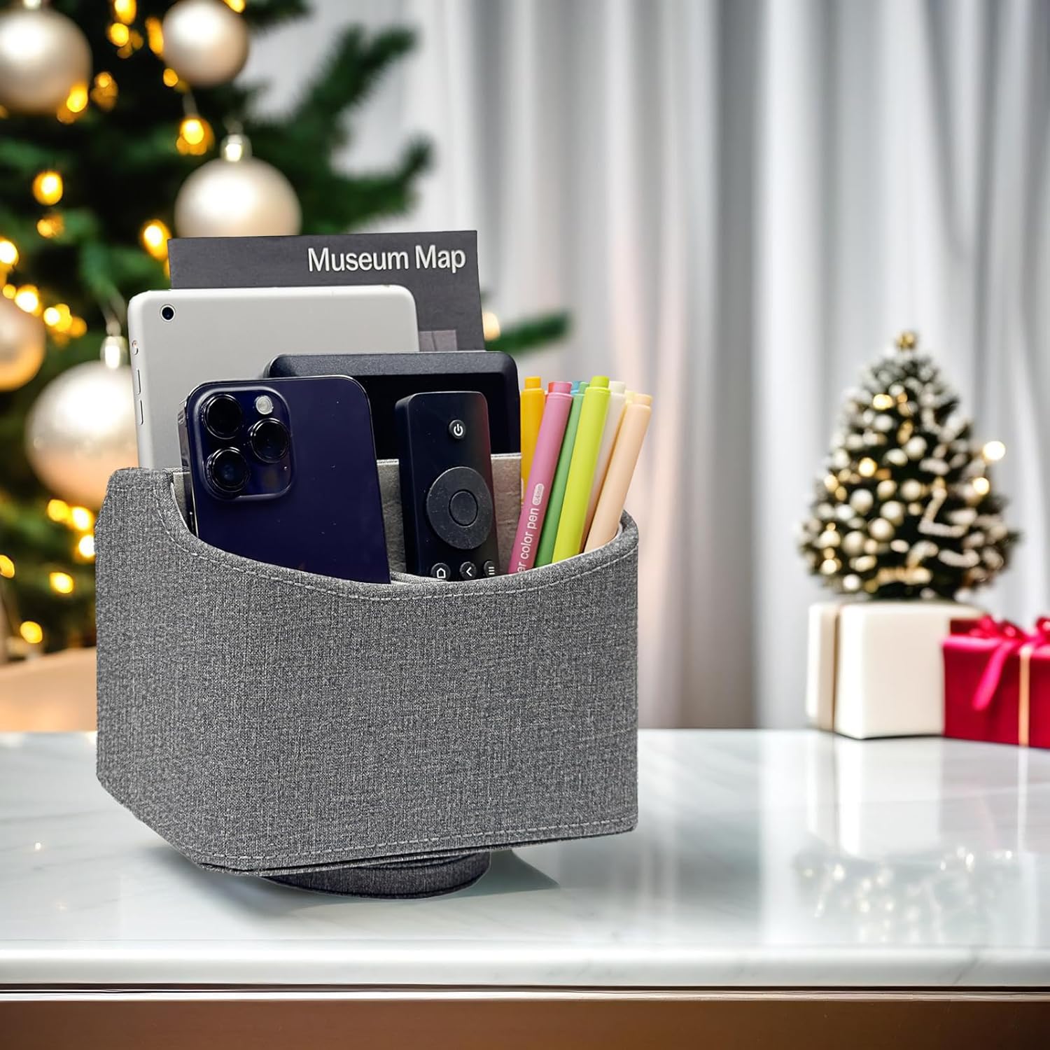 UnionBasic Rotating Desk Organizer, 360 Degree Desk Spinning Caddy, Desktop TV Guide/Mail/Media/Remote Controller Holder Organizer, Grey Linen Texture