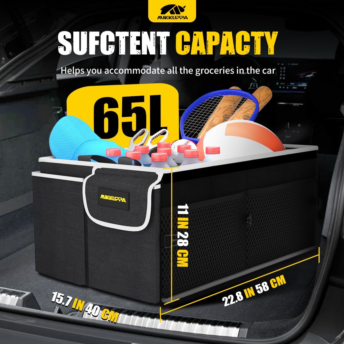 MIKKUPPA Car Trunk Organizer - 65L Collapsible Trunk Organizer with Lid, Sturdy Car Storage for SUV Auto Truck Van with Adjustable Straps and Non Slip Bottom