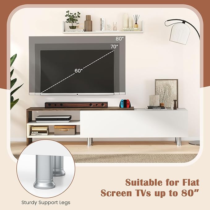 Tangkula White TV Stand with 2 Wall Shelves, Modern Entertainment Center for TVs up to 80 Inches, TV Cabinet with 2 Storage Compartments and Cabinet, Media Console Table for Living Room (White, 3 pcs)