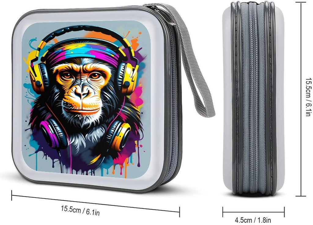 Watercolor Monkey CD DVD Case Holder, 40 Disc Storage Wallet with Exclusive Printed Design, Zipper Closure And Handle for Music Movies Games Travel Car