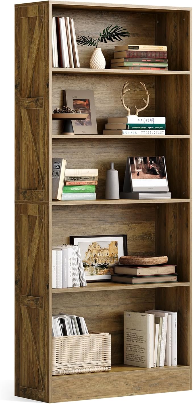 LITTLE TREE 5-Tier Tall Bookcase, 70.8" Farmhouse Wooden Open Bookshelf, Standing Display Shelves for Living Room, Bedroom, Home Office, Rustic Brown
