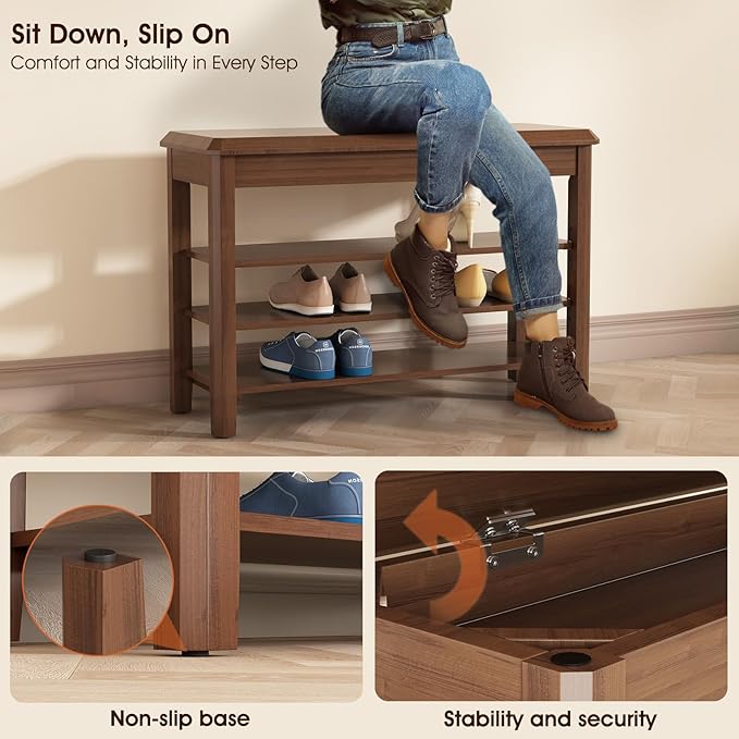Shoe Rack Bench Seat Rubberwood 3-Tier Wooden Storage Bench 550lbs Compact Mi...