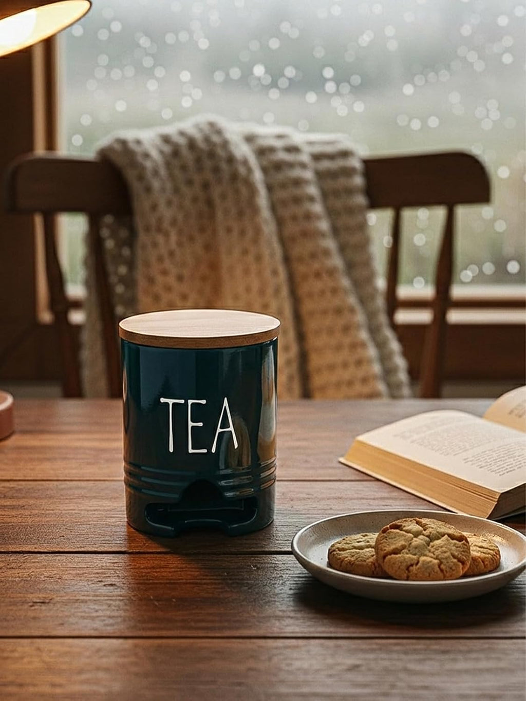 Farmhouse Ceramic Tea Bag Holder with Wood Lid for Countertop (Navy)