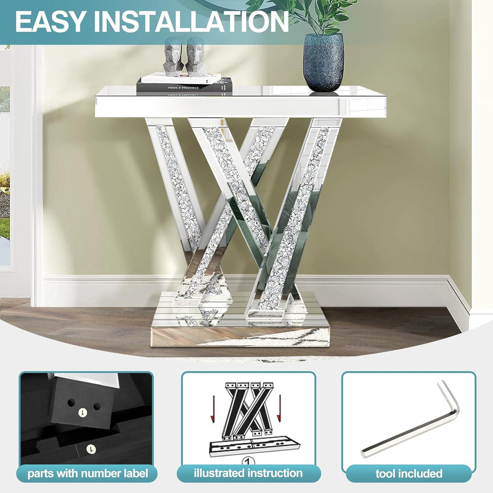 Modern Entryway Console Table with Crushed Diamond Inlay, 35.43" Silver ...