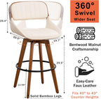 Set of 2 Bar Height Stools - 29.5 inch Mid Century Swivel Bar Stools with Upholstered Faux Leather, Walnut Crafts, Bamboo Legs, Kitchen Island Stools for Kitchen/Cafe/Pub/Island (Walnut Beige)