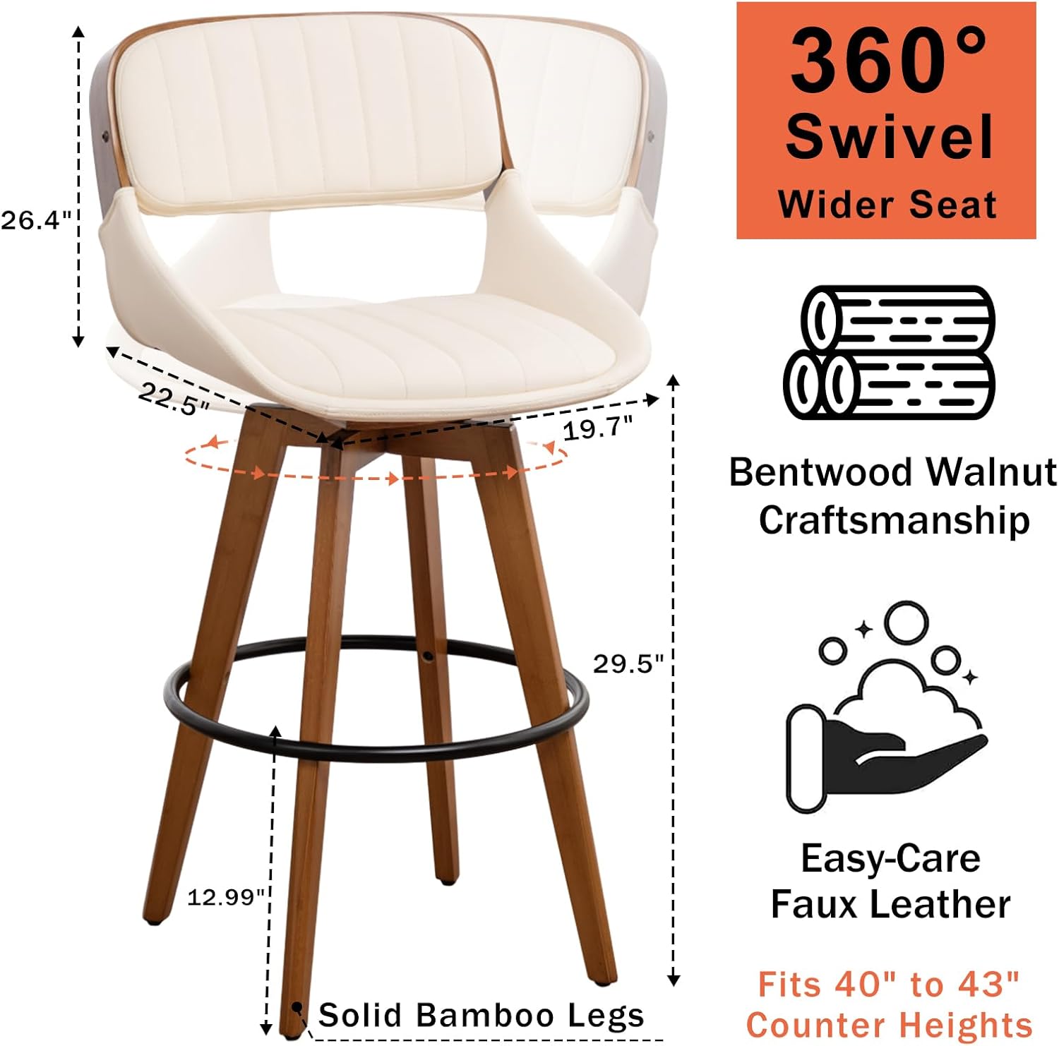 Set of 2 Bar Height Stools - 29.5 inch Mid Century Swivel Bar Stools with Upholstered Faux Leather, Walnut Crafts, Bamboo Legs, Kitchen Island Stools for Kitchen/Cafe/Pub/Island (Walnut Beige)
