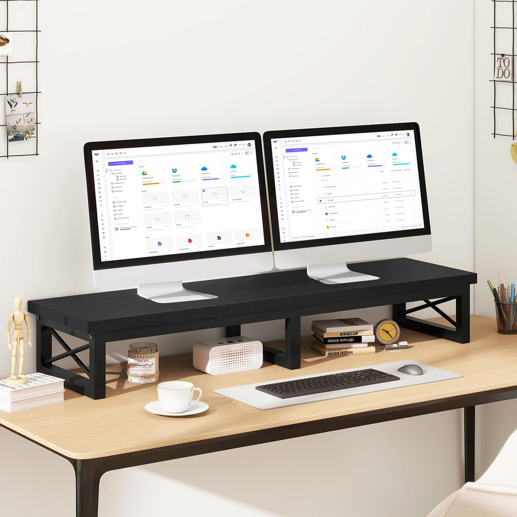 IBUYKE 45" Large TV Riser for 32-60 inch TV,Tabletop Short TV Stand with Storage and Steel Legs,Dual Screen Office Desk,Stand Riser,TV Riser Stand for Home,Bedroom,Living Room,Black TVT002B