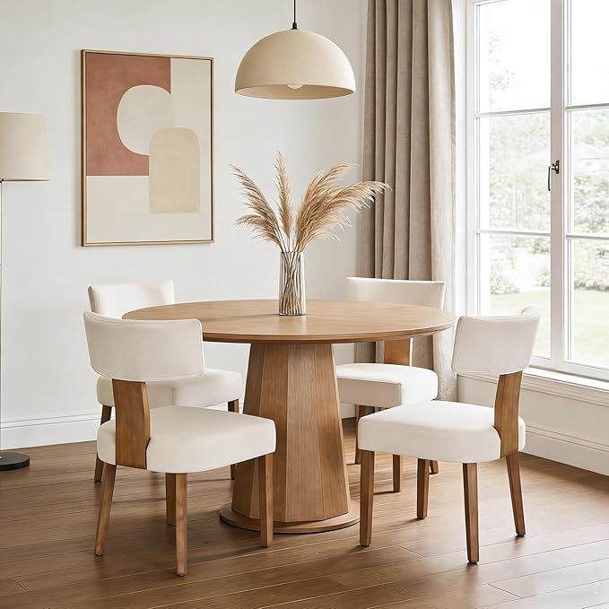 Modern Dining Chairs Set of 6, Upholstered Kitchen Chair with Curved Back, Farmhouse Linen Fabric Dining Room Chairs Modern Wood Chairs for Living Room/Home Office/Reception, Beige