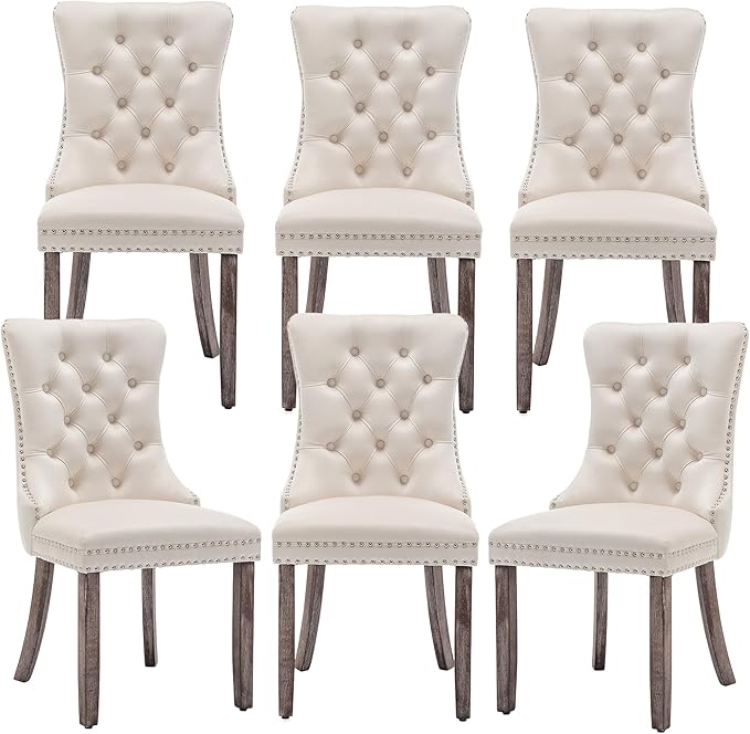 Mid Century Modern Dining Chair Set of 6 Velvet Upholstered Dining Accent Chair Farmhouse Dining Chairs with High Back and Nailhead Trim for Kitchen, Living Room, Bedroom (Beige)
