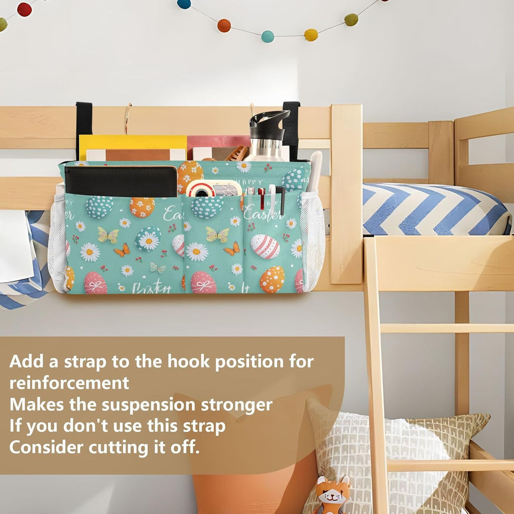 Egg Butterfly Easter Flower Bedside Caddy for Dorm Bed Bedside Hanging Caddy Bag Iron Frame Storage Organizer Pocket for Bunk Home College Hospital Beds 2 Hooks