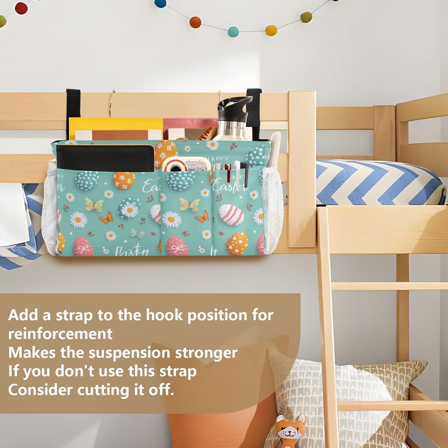 Egg Butterfly Easter Flower Bedside Caddy for Dorm Bed Bedside Hanging Caddy Bag Iron Frame Storage Organizer Pocket for Bunk Home College Hospital Beds 2 Hooks