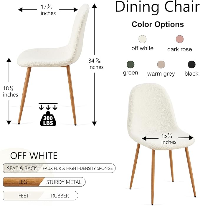 Dining Kitchen Chairs Set of 4, Modern Upholstered Living Room Chairs White Comfortable Teddy Fabric Bedroom Chairs, Space Saving Dining Side Chairs for Apartment, Restaurant
