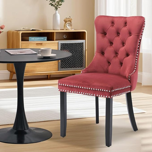 3-Pieces 31.5" Round Dining Table Set for 2, Black Dining Table & Velvet Upholstered Dining Chairs Set of 2 for Kitchen Dining Room Apartment Small Space(Wine Red Chairs)