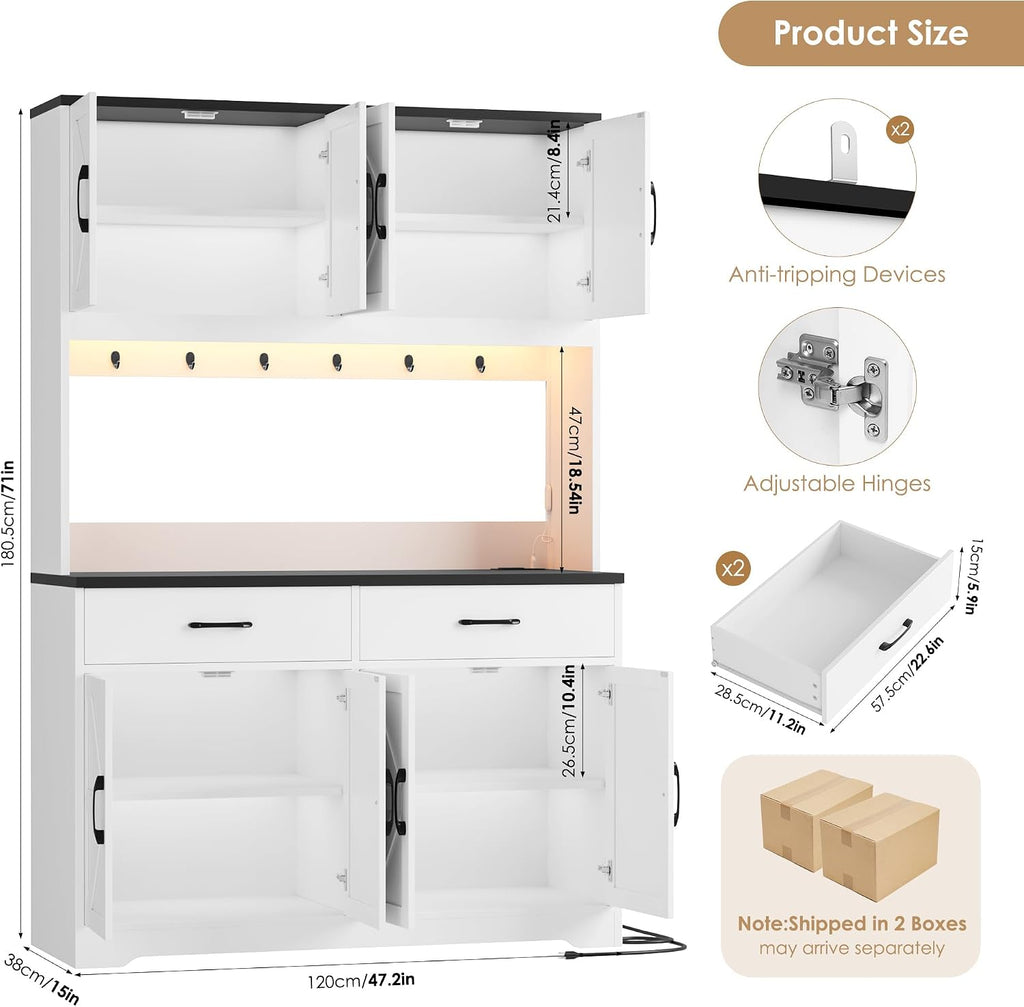 HIFIT 71" LED Pantry Cabinet with Charging Station, Tall Coffee Bar Cabinet | Farmhouse Kitchen Hutch Cabinet with Storage, Large Countertop, 7 Metal Cup Hooks, White+Black