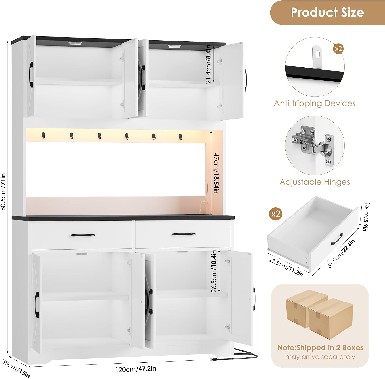 HIFIT 71" LED Pantry Cabinet with Charging Station, Tall Coffee Bar Cabinet | Farmhouse Kitchen Hutch Cabinet with Storage, Large Countertop, 7 Metal Cup Hooks, White+Black