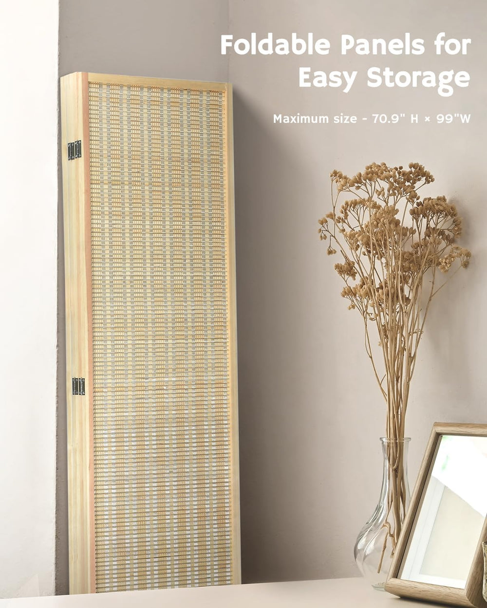 JOSTYLE Bamboo Room Divider, 5-Panel Folding Privacy Screen, 6 ft. Tall