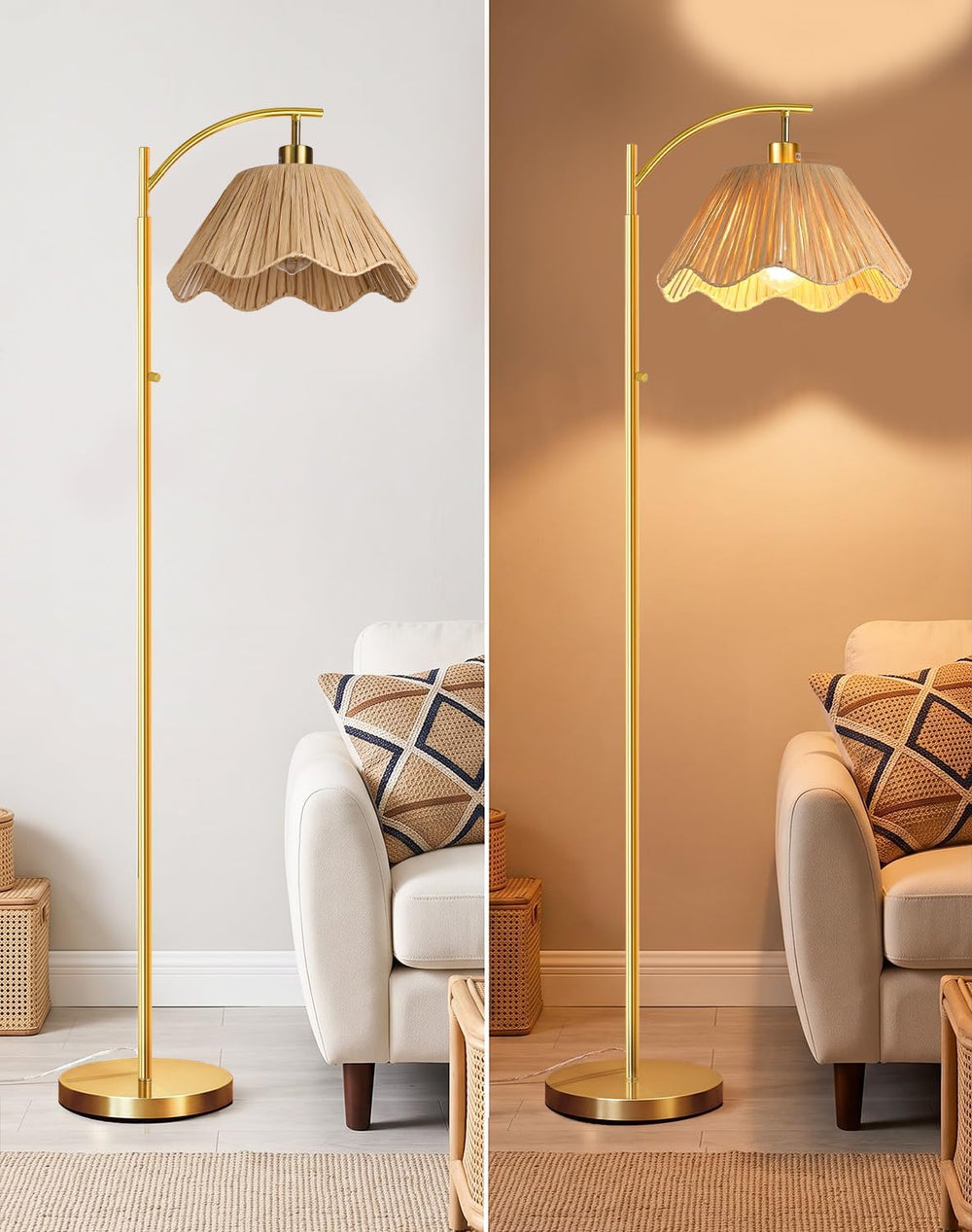 Arc Floor Lamp for Living Room, Rattan Boho Floor Lamp with Hand-Woven Raffia...