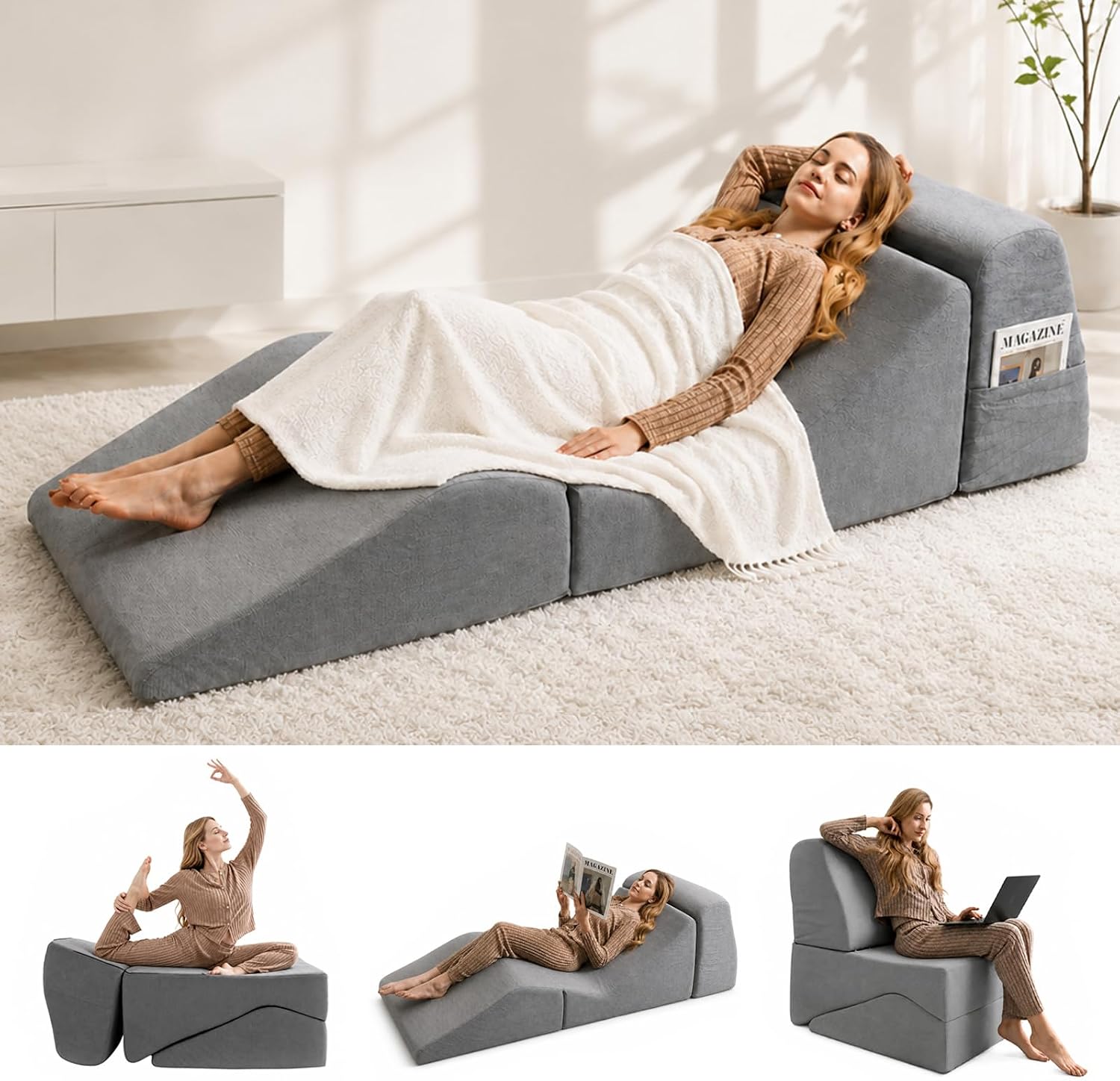 Yoga Chaise Lounge Chair Indoor, 3-in-1 Convertible Boneless Couch Bed | Corduroy Floor Sofa with Memory Foam, Zero Gravity Curved Design, No Assembly Required, for Bedroom, Living Room, Reading