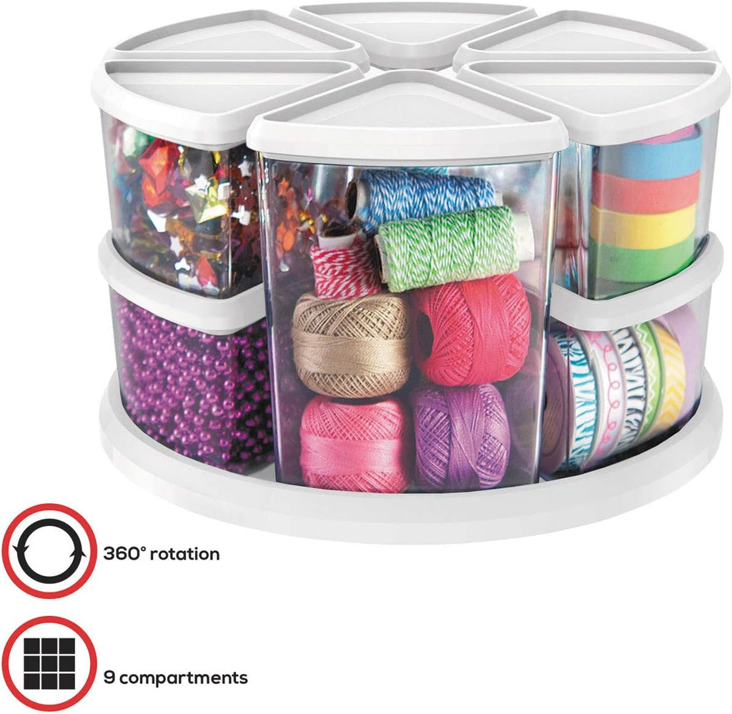 Deflecto Rotating Carousel Craft Organizer, 9-Canister, Includes 3" and 6" Canisters, Removable, Clear, Lids