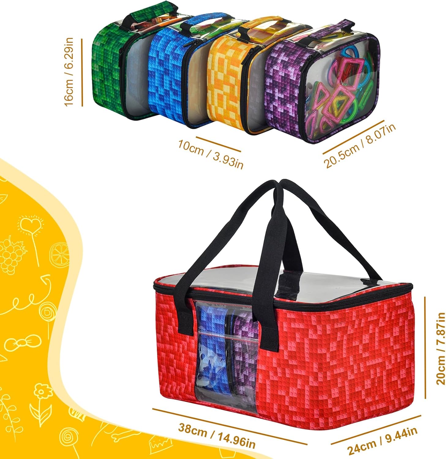 5-Pack Magnetic Tiles Storage Bags Set,Toy Organizer Case,Multifunction Portable Travel Magnetic Tile bag with Visible Top for Building Blocks,Toy Bricks,Puzzles,Board Game